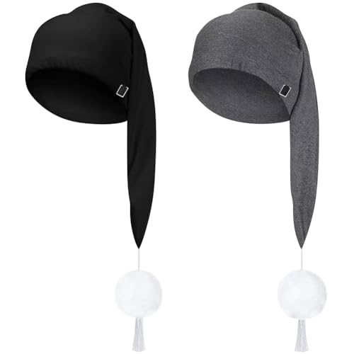 ZUYYON 2 Pcs Sleeping Nightcap for Men Women Adjustable Stocking Sleeping Cap Night Cap with Pom Ball for Daily Use (Black, Dark Grey)