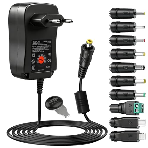 41W Chargeur Universel AC/DC 220-230v Transformateur d'Alimentation Adaptateur Réglable 6V, 9V, 12V, 15V, 18V, 20V, 24V Adaptateur Secteur avec 10 Embout pour PC Ordinateur, Routeur, Imprimante
