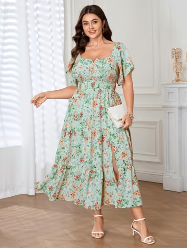 Image of SCOMCHIC Womens Plus Size Maxi Dress Formal Short Sleeve Square Neck Smocked Side Split Flowy A Line Tiered Long Dress
