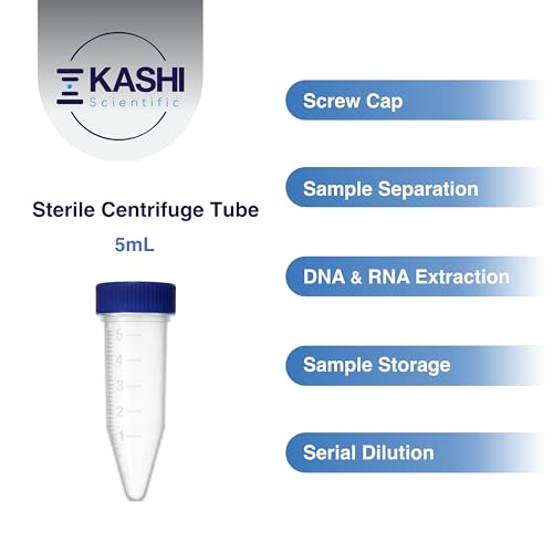 Image of Kashi Scientific 5mL Screw Cap Conical Centrifuge Tubes, Sterile Test Tubes with Blue Lids, Lab-Grade Polypropylene Plastic, Printed Graduation and Write-on Spot [5mL Screw Cap, 100]