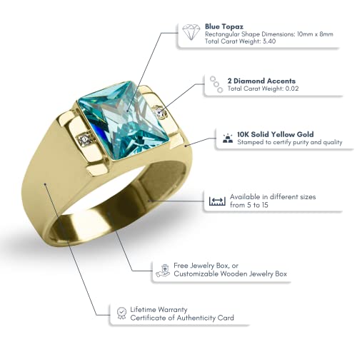 Blake's 10K Solid Yellow Gold Ring For Men With Baguette-Shape Blue Topaz And 2 Diamond Accents, Men Fine Jewelry For Dad Men Gifts For Him, Men’s Jewelry (Size 5-15) #TOP2