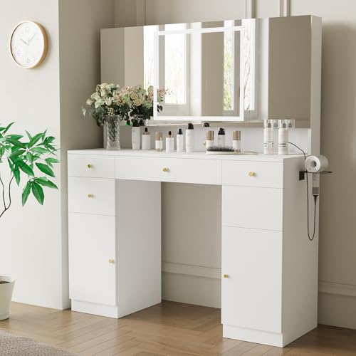 ARTETHYS Vanity Desk with Mirror and Lights White Makeup Table Set with 3 Mirror Cabinets for Women 46’’ Large Dressing Table with Drawers and Charging Station for Bedroom Chair not Included - Thumbnail 4