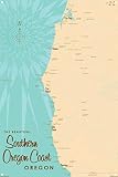 Southern Oregon Coast Oregon Map Metal Art Print from Illustration by Lakebound 11.5' x 17.5'