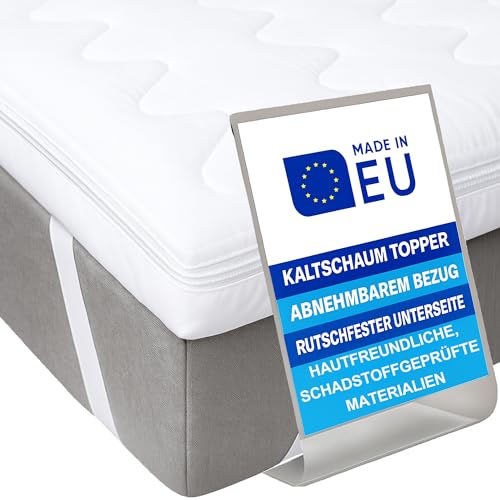 Pillows24 - Topper 180x200cm aus Kaltschaum - 6cm hoch - Matratzentopper mit abnehmbarem Bezug & Rutschfester Unterseite | Made in EU - Matratzenauflage | Matratzen Topper für jedes Bett
