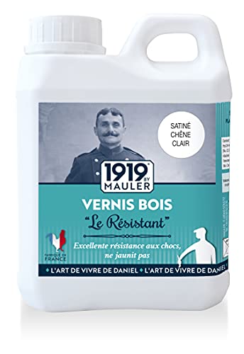 1919 BY MAULER - Vernis bois « Le Résistant » - 1L - Satiné Chêne Clair - Protection contre taches et rayures pour meubles, poutres, boiserie intérieure.