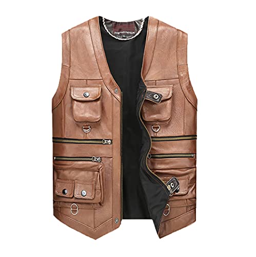 Veste de moto sans manches en cuir de vache pour homme, gilet épais marron grande taille XXXL
