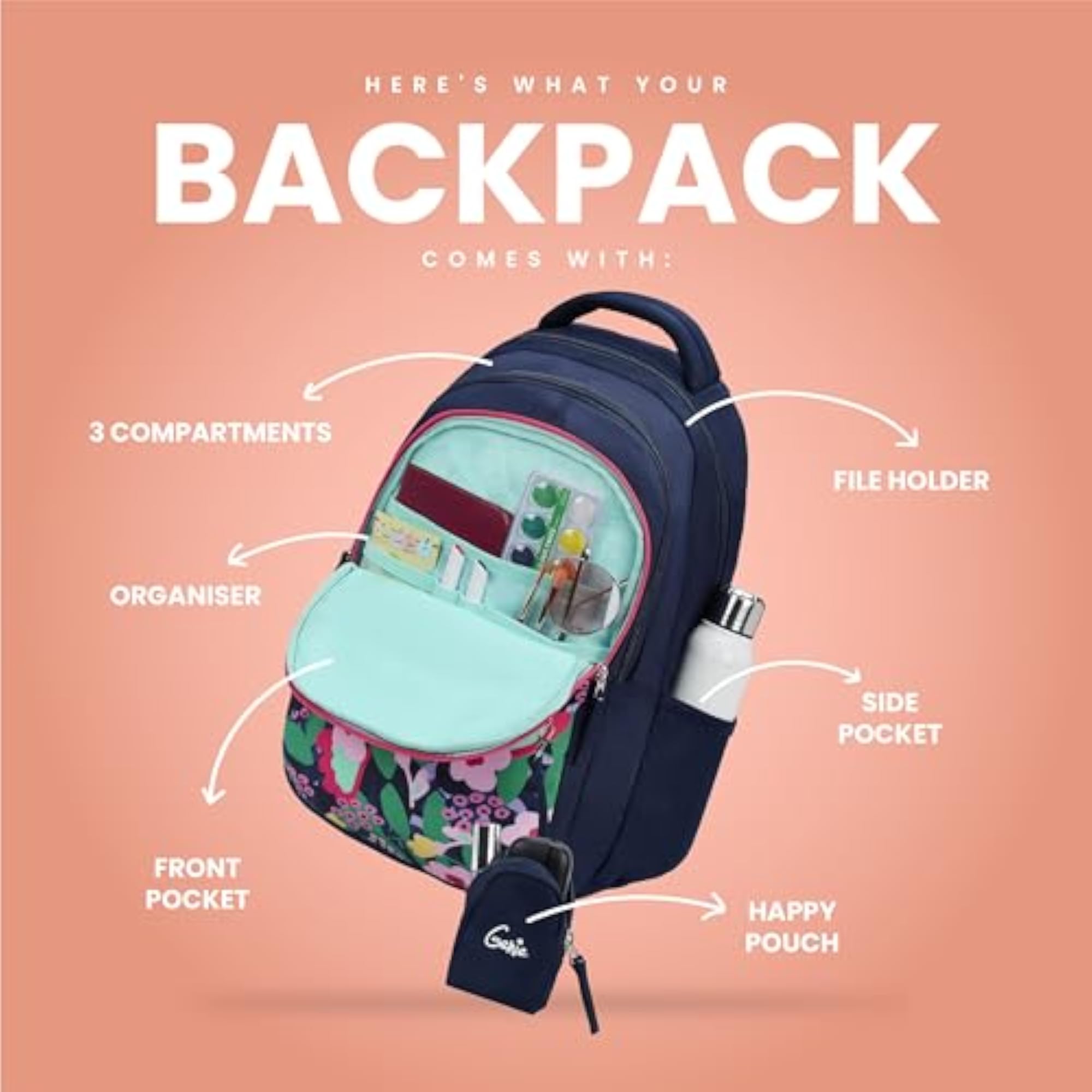 Sweetpea 17" Cute Colourful Girls Backpack, Water Resistant