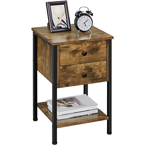 Yaheetech Side Table Nightstand 2-Drawer Industrial Vintage End Table Metal Frame Bedside Table with 2 Drawers and 1 Open Shelf for Living Room/Bedroom/Office,Rustic Brown