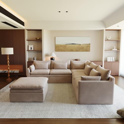 Image of WJShome Modular Sectional Sofa, Deep Seat V-Shaped Cloud Couch with Water-Resistant & Stain-Resistant Fabric, Removable Washable Covers, Sleeper Sofa with Ottoman for Living Room, Apartment, Khaki