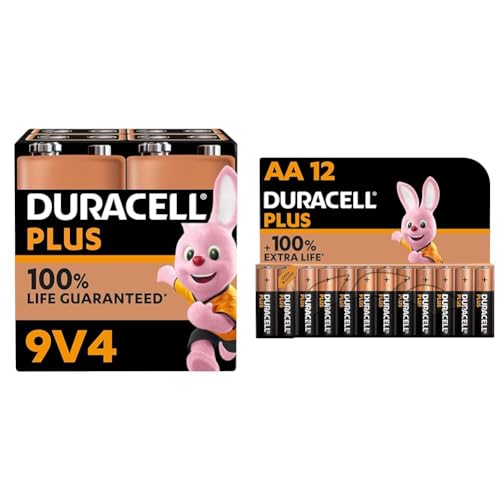 Duracell Plus 9V Alkaline Batteries [Pack of 4], 6LR61 MN1604 & Plus AA Alkaline Batteries [Pack of 12], 1,5V LR6 MN1500