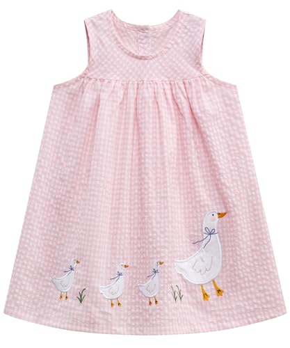 FreeLu Toddler Girls Cotton Summer Short Sleeve Dress Cartoon Print Casual Jersey Dresses(7T,Pink Ducks)