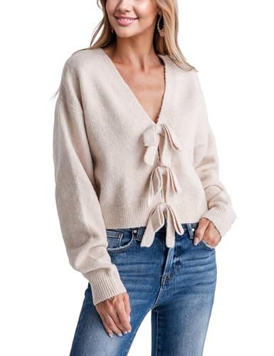 Womens Ribbon Bow Detail Knit Sweater Oversized Cardigan Tie Front Long Sleeve Coat Top