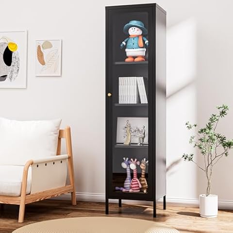 Foreate Cabinet with Glass Door, 4-Tier Curio Cabinet, Glass Display Cabinet with Adjustable Shelves, Metal Storage Display Case, Tall Bookcase for Kitchen Living Room Office, Black Cover
