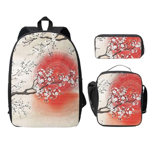 Sac à dos d'école léger 3 pièces avec imprimé soleil, boîte à déjeuner et trousse, couleur Noir