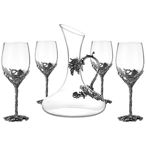 NOSHMAN 12oz Wine Glasses Set of 5, Hand Blown Lead-free Crystal Wine Glass Set Hand Painted Enamels with 4x 12oz Wine Glasses 1x 52oz Decanter Elegant Artwork Luxury Gift for Wedding and Anniversary Cover