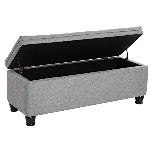 SONGMICS Storage Ottoman Bench, Linen Fabric Footstool with Foam Padded Seat, Solid Wood Legs, 46.5