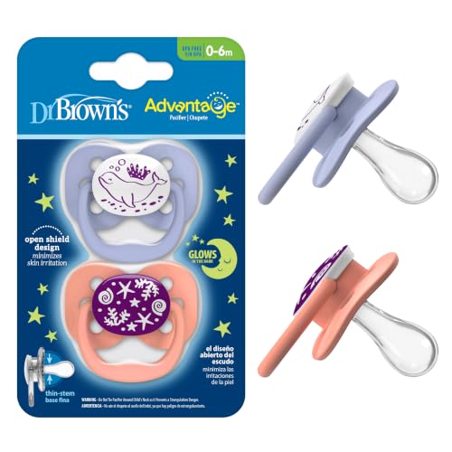 Image of Dr. Brown's Advantage Glow-in-The-Dark Baby Pacifier, Fully Symmetrical Soother with Soft Silicone Bulb, Coral Ocean, 0-6m, BPA Free, 2 Pack