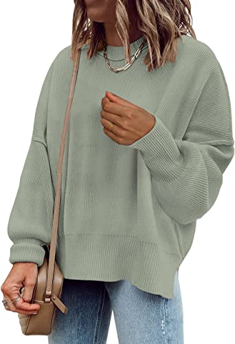 Image of Womens Sweaters Causal Crewneck Batwing Sleeve Knit Top Side Split Oversized Pullover Sweater Loose Jumper