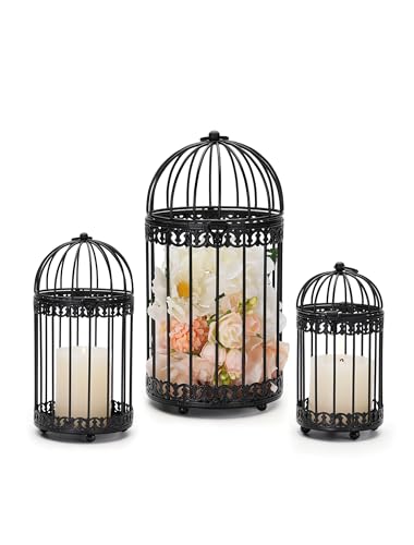 NUPTIO Decorative Bird Cages for Centerpiece: Black Vintage Bird Cage Hanging Lantern Set of 3 - Metal Birdcage Pillar Candle Holders for Halloween Party Table Fireplace Decor