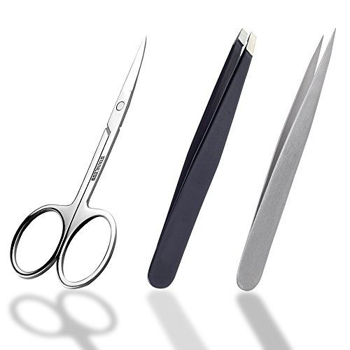Tweezers Set Professional Stainless Steel Slant Flat Pointed Tip Precision Tweezers and Eyebrows Scissors,Perfect for Ingrown Hair Splinters Nose Hair and Eyebrows by Fairyland,Pack of 3
