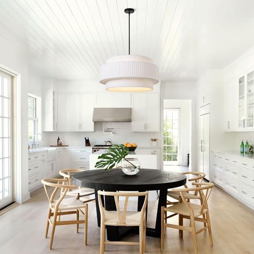 LamQee 24" Modern Drum Chandelier, 5-Light Hand-Pleated Fabric Pendant Light Fixture with White Shade and Black Finish, 3 Tier Semi Flush Mount Ceiling Hanging Lighting for Dining Room Kitchen Bedroom by LamQee - Image 5