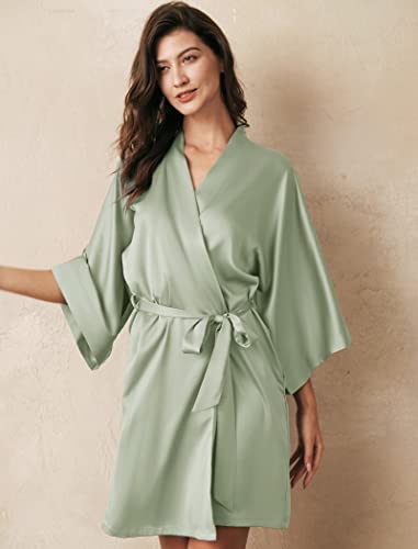 AW BRIDAL Silk Satin Robes Short Kimono Bathrobe Dressing Gown for Brides Bridesmaids Wedding Party, Sage Green, S - Thumbnail 3