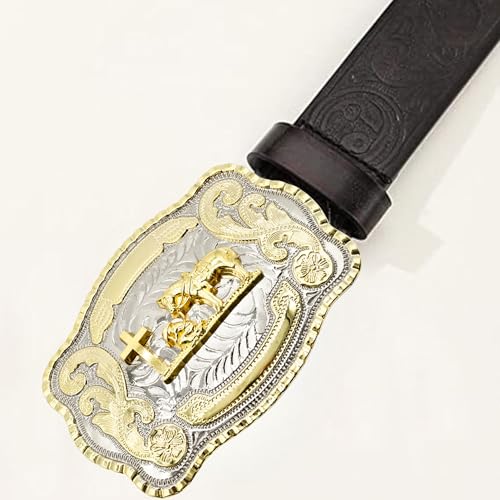 WMG Praying Cowboy Cross Religious Faith Large Huge Rodeo Western Gold Tone Belt Buckle, Gold Tone, L