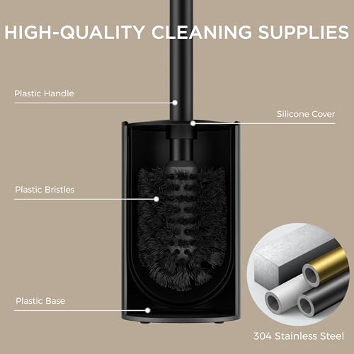 Image of FORIOUS Toilet Brush and Holder Set, 304 Stainless Steel Heavy Duty Base and Handle for Bathroom Deep Cleaning, Toilet Bowl Cleaners Brush with Holder, Space Saving for Storage (2, Matte Black)