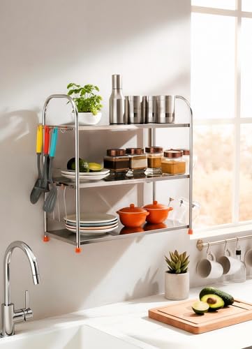 Image of AMOL Premium Stainless Steel 3 Layer Kitchen Shelf Rack | Rust-Proof Wall Mount Utensil Organizer with Glass & Spoon Holder