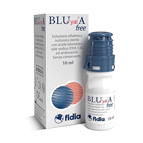 Fidia Farmaceutici Blu Yal A Free collirio| Soluzione oftalmica isotonica sterile con acido ialuronico sale sodico e aminoacidi| Flacone da 10 ml con contagocce OSD| Idrata e lubrifica l’occhio