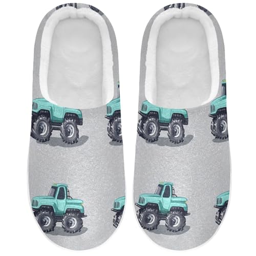 JUNZAN Cartoon Truck Car Grey Cotton Slippers for Men Closed Toe Memory Foam Bedroom Shoes for Outdoor Funny Presents 6-7