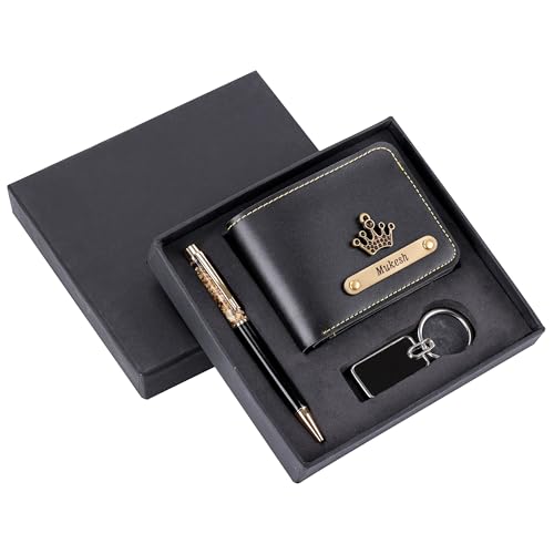 Image of Personalized Name Wallet, Pen & Keychain Combo for Men (Black) | Customised Mens Wallet Name Engraved with Charm | Customized Corporate Gift Set for Office | Personalised for Husband, Boys