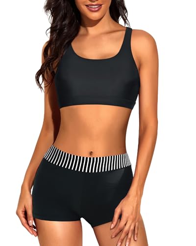 Image of 3 Piece Tankini Long Sleeve Swimsuits Athletic Rash Guard Bathing Suits | Modest,Full Coverage,High Waisted Short,Quick Dry,Criss Cross Back