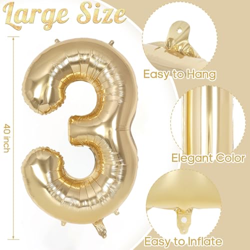 Image of Champagne Gold Large Number 3 Balloon, 40 Inch Light Gold Foil Helium Number Balloons, Giant Mylar Number 3 Balloons for 3 Years Old Birthday Party Anniversary Decorations
