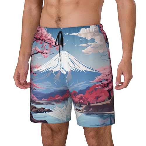 Japan Mount Fuji Landscape Men's Soft Double Swim Shorts, Lounge Swiming Shorts Pants Breathable Summer2