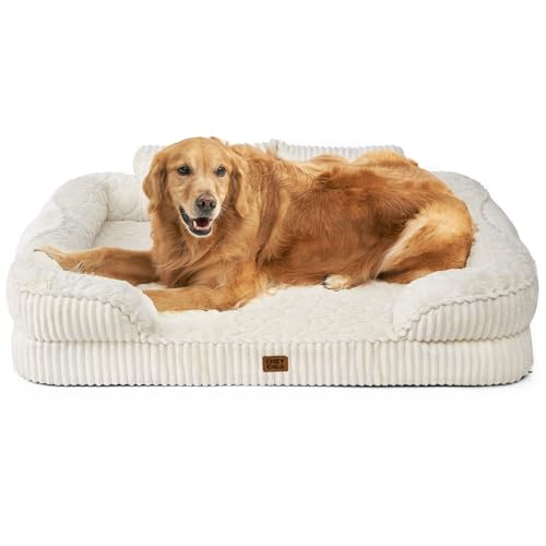 EHEYCIGA Panier Chien XXL Grande Taille Orthopédique avec Dossier Haut 107x76cm, Lit Chien à Mémoire de Forme, Canapé pour Chien Déhoussable et Lavable, Coussin Chien Imperméable, Beige
