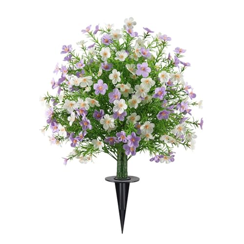 Fausses fleurs avec piquet au sol, structure résistante violet blanc - 2