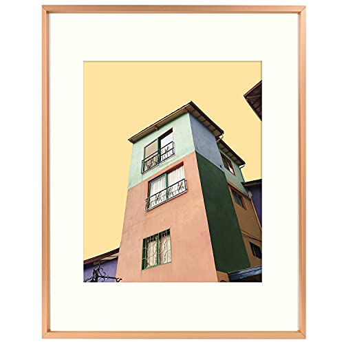 Frametory, 11x14 Aluminum Photo Frame with Ivory Color Mat for 8x10 Picture & Real Glass, Metal Picture Frame Collection (Rose Gold, Set of 1)