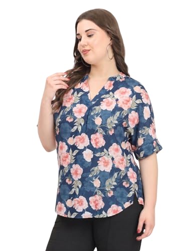 Image of SINDOORI Relaxed Fit Tops for Women Plus Size Solid Printed Mandarin Collar, Band Collar, V-Neck Top, Half Sleeve Loose Fit