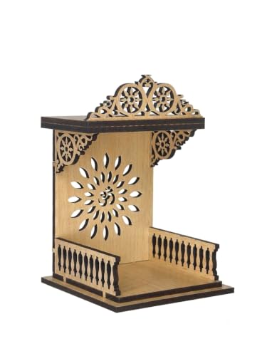 Image of Handcrafted Wooden Car Dashboard Temple, Walnut Finish, Laser-Cut Om Floral Design, MDF Mandir for Car Interior (Classic Ornate Roof Golden Oak Finish)