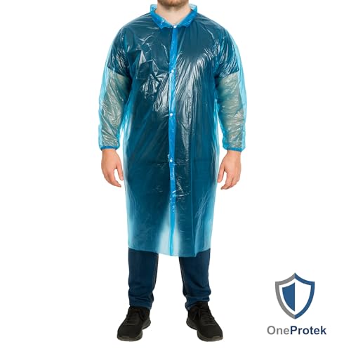 OneProtek Einweg-Schutzkittel, wasserdicht, mit Druckknöpfen, recycelbares Polyethylen, robust und bequem, lebensmittelecht, Einheitsgröße, blau, 10 Stück
