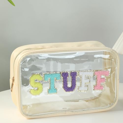 ShanBye Trousse de Toilette Transparente Imperméable avec Fermeture Éclair Sac de Voyage Polyvalent pour Femme Filles en Voyage Gym Plage Trousse de Maquillage Lettres en Chenille Personnalisée – vue 2