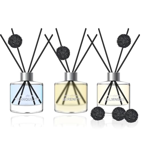 Reed Diffuser Set of 3, Eucalyptus Jasmine Lemongrass Aromatherapy Fragrance Oil | 12 Black Reed Sticks and 6 Rattan Balls, 3 x 50ML | Home, Office, Bathroom, Bedroom Essentials | AromaSphere