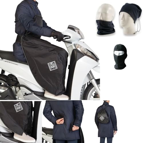 Descrizione tecnica: – coprigambe da indossare, la pettorina puo' essere piegata e si usa solo come protezione sulle gambe – facile e veloce da mettere tramite tracolla e fasce di regolazione in neoprene sul retro – privo di punti di fissaggio sullo scooter – taglio ergonomico – spacchi laterali per un’ampia libertà di movimento (piede a terra) – costruzione a tre strati: – esterno in tessuto impermeabile – membrana interna impermeabile – imbottitura termica in pile sulle gambe – sis
