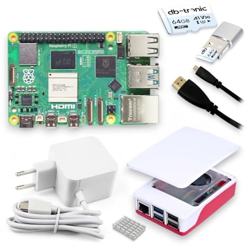 Raspberry Pi 5 8GB Starter-Kit | USB-C 27W Netzteil | Gehäuse mit Lüfter | 64GB SD Karte | Micro HDM