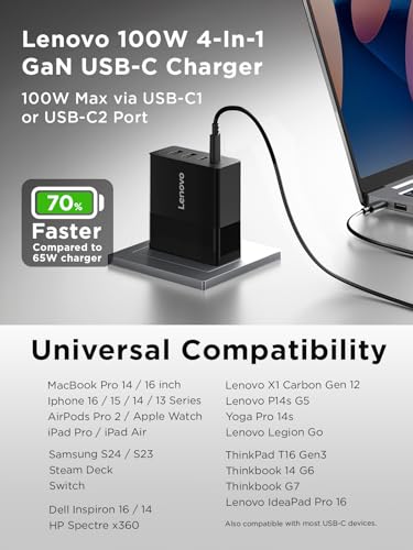 Image of Lenovo 100W USB C Charger, 4-Port Multi-Device Fast Charging, Black GaN Power Block with 240W Cable, for Thinkpad, MacBook, Dell XPS, iPhone, Samsung