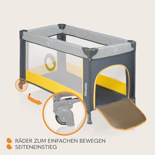 Lionelo Stefi Baby Kinderbett, Reisebett ab Geburt bis 15 kg, Seiteneingang, Sicherungssystem LockGuard, Blockade der Räder, Tragetasche, zusammenklappbar
