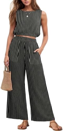 GRECERELLE Two Piece Sets for Women Sleeveless Crop Top Wide Leg ...