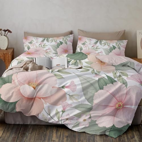 Parure de lit 220x240 fleurs romantiques avec housse de couette beige microfibre