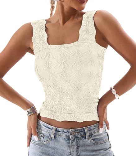 DouBCQ Women Cute Crop Tank Top Square Neck Wide Strap Vest Slim Fit Floral Lettuce Trim Cropped Cami Tops2